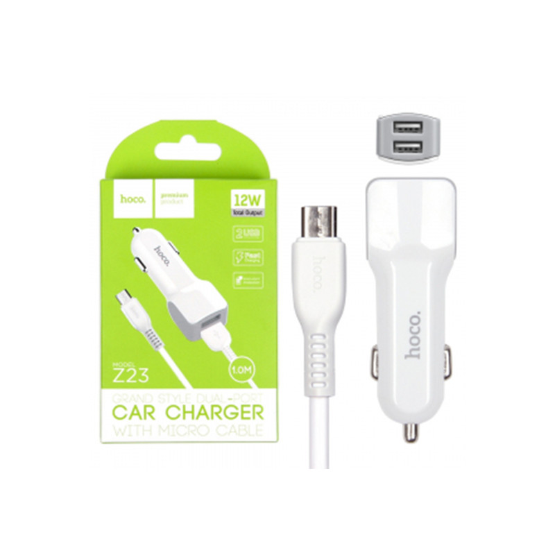 Chargeur voiture + Câble Micro USB Hoco Z23 Blanc