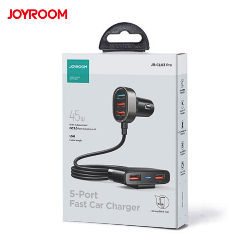 Chargeur Voiture Rapide Joyroom avec câble d'extension 45W 5xUSB-A Noir JR-CL03 Pro